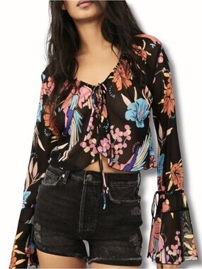 Free People Of Paradise Floral Bell Sleeve Sheer Top Boho Festival Size S